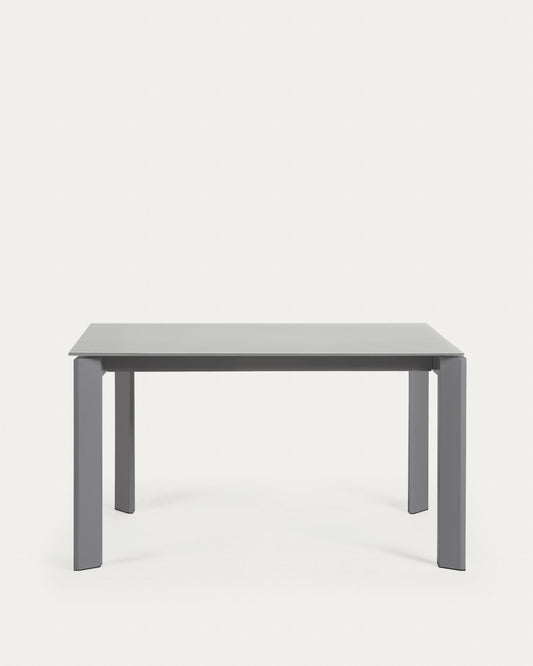 Axis extendable table in grey glass with steel legs in a dark grey finish, 140 (200) cm