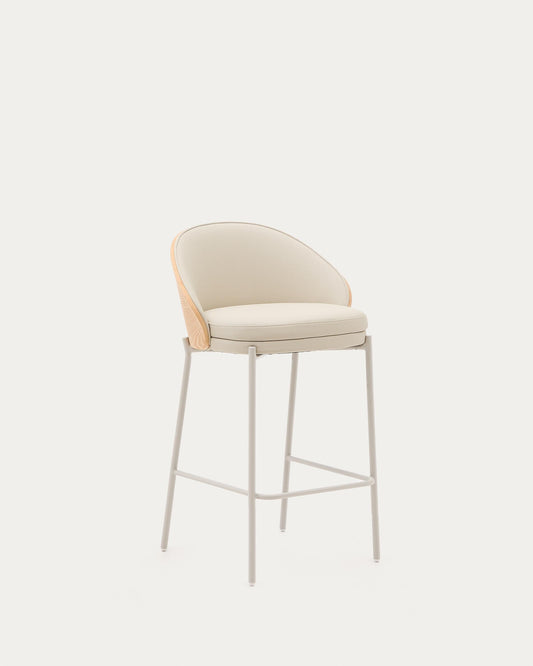 Eamy stool in beige polyurethane, ash veneer natural finish and beige metal 65 cm