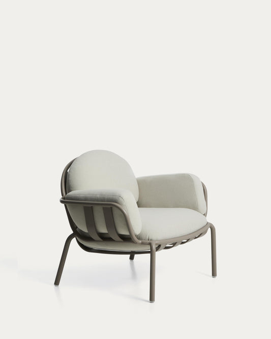 Joncols outdoor armchair in aluminium with taupe painted finish and beige cushions