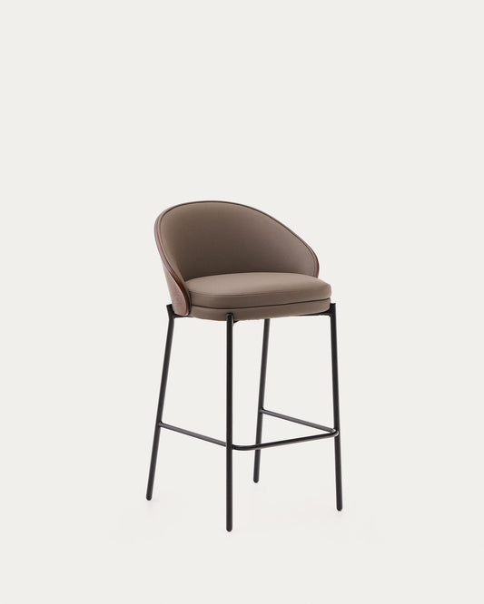 Eamy stool in brown polyurethane, ash veneer walnut finish and black metal 65 cm