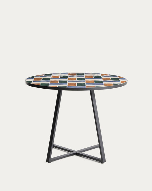 Tella round table in graphite galvanised steel with multicoloured tiles Ø120 cm
