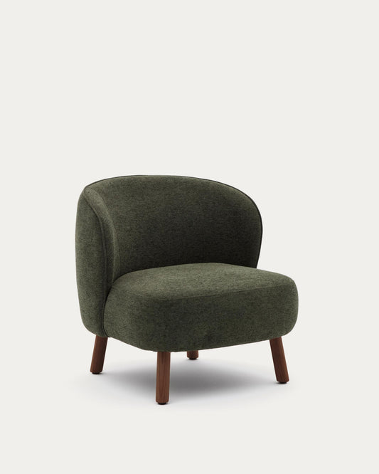 Ulit armchair in green chenille with solid ash wood legs with walnut finish