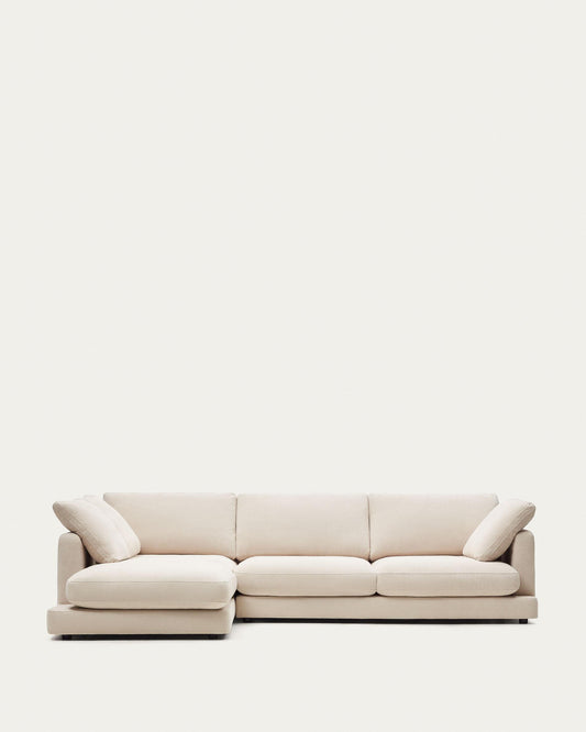 Gala 4-seater sofa with left chaise longue in beige chenille FSC Mix Credit 300cm