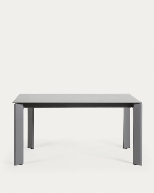 Axis extendable table in grey glass with steel legs in a dark grey finish, 160 (220) cm