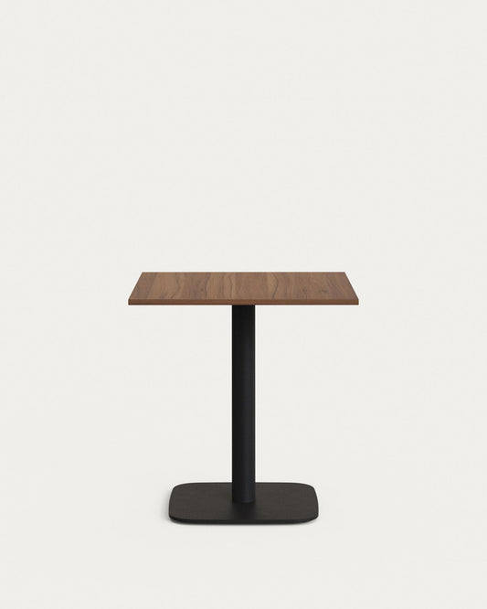 Dina table in walnut finish melamine with metal leg in a painted black finish, 70 x 70 x 70 cm