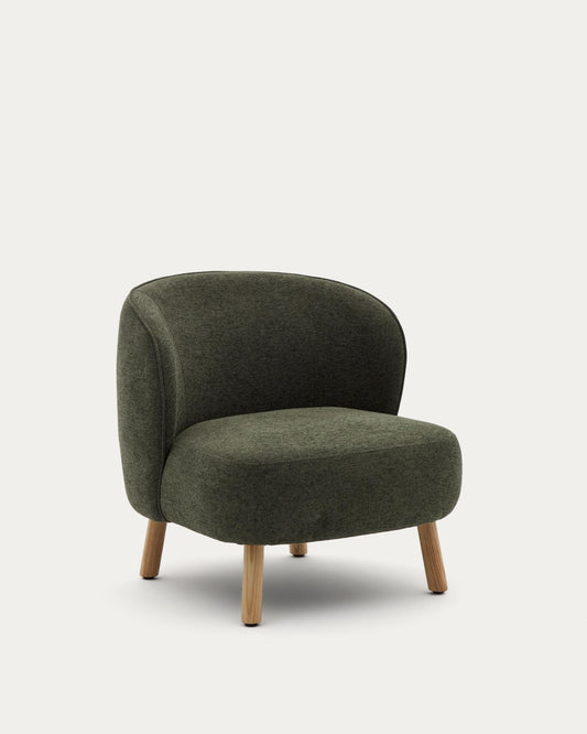 Ulit armchair in green chenille with solid beech wood legs in a natural finish