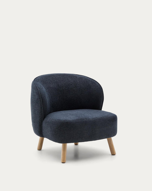 Ulit armchair in blue-grey chenille with solid beech wood legs in a natural finish