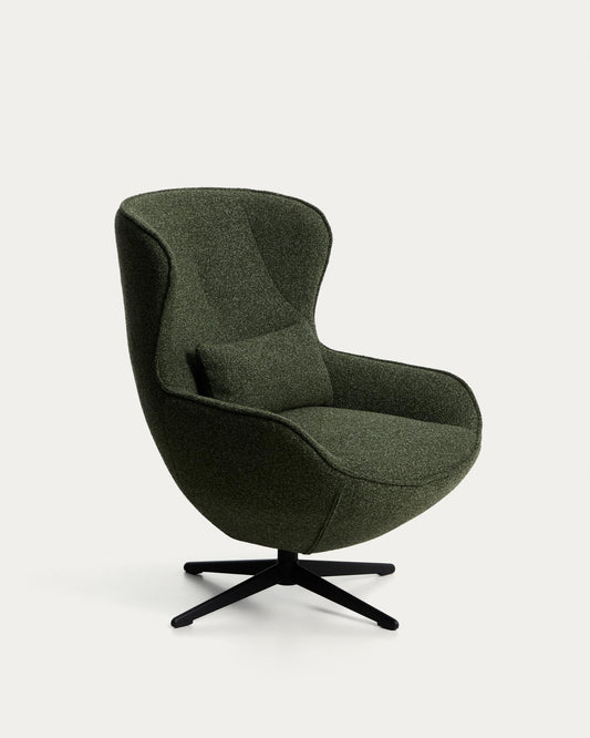 Sorile swivel armchair in dark green chenille and steel with black finish FSC 100%