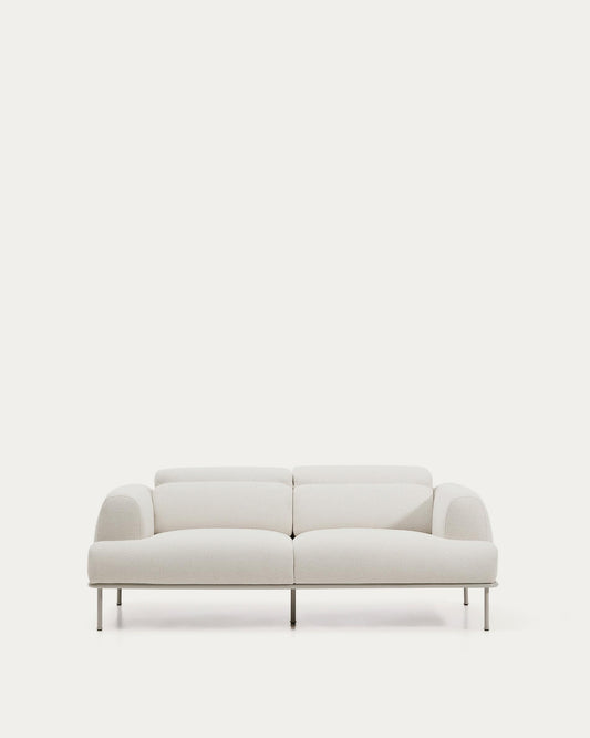 Aurum 2-seater sofa in ecru chenille with reclining headrest and matte beige metal base 214 cm FSC Mix Credit