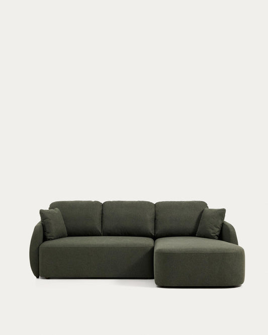 Laira 3-seater sofa bed with right chaise longue in dark green chenille 246cm FSC Mix Credit