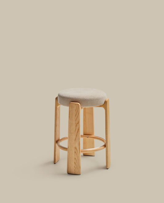 Granite stool in beige chenille and solid ash wood with natural tone finish FSC 100% 65cm