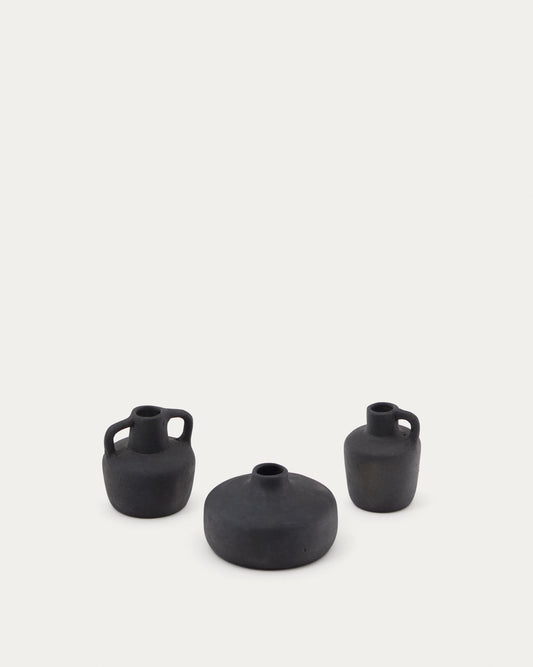Sofra set of 3 terracotta vases in a black finish, 6 cm / 7 cm / 10 cm