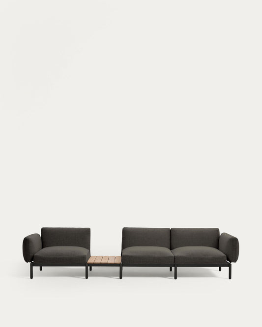 Sorells outdoor modular 3-seater sofa with grey upholstery and grey aluminium with teak table 341 x 113cm FSC 100%