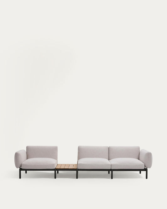 Sorells outdoor modular 3-seater sofa with beige upholstery and grey aluminium with teak table 341 x 113cm FSC 100%