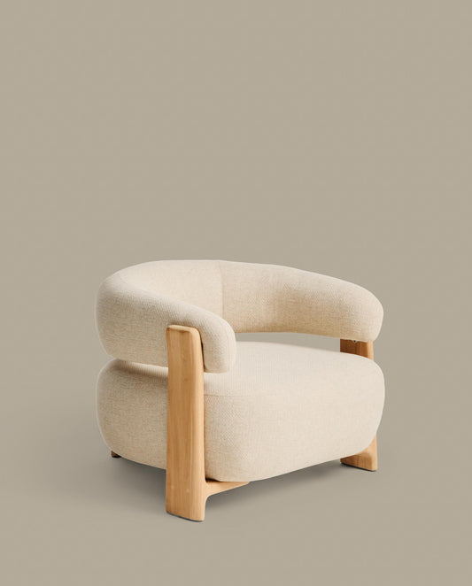 Granite outdoor armchair in beige with legs in FSC 100% solid teak wood in a natural finish