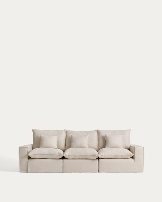 Anarela beige linen and viscose 3-seater modular sofa with removable cover 310cm FSC Mix Credit