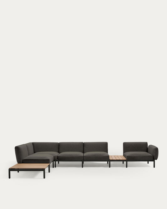 Sorells outdoor modular 5-seater corner sofa with grey upholstery and grey aluminium with teak tables 277 x 446cm FSC 100%