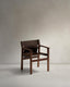 Jan chair made of dark brown recycled leather fibres and FSC 100% solid ash wood with walnut-coloured finish