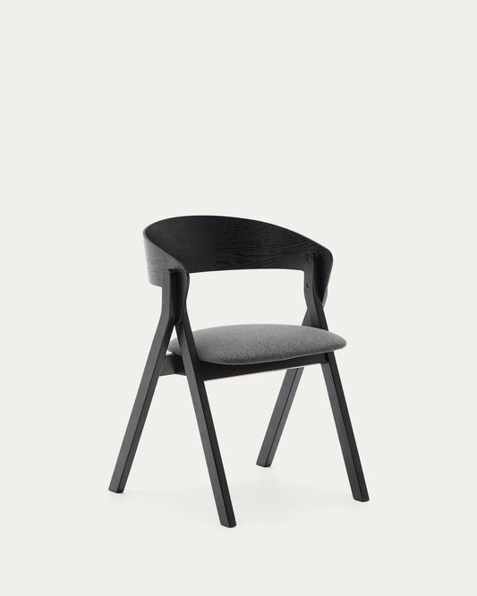 Godia chair in ash veneer with a black finish and grey chenille