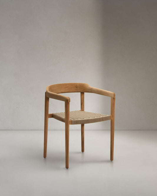 Icaro stackable chair in FSC 100% solid teak wood with natural finish and beige rope cord