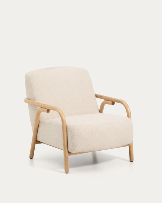 Sylo armchair in beige chenille and solid ash wood with natural-coloured finish FSC 100%