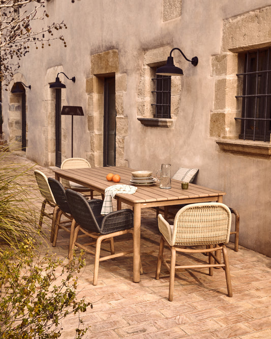 Set with Sori table in solid acacia wood and 6 Alipa chairs in ecru solid acacia wood and rope cord 200 x 100cm FSC 100%