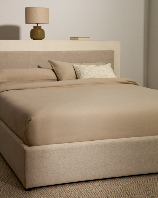 Nahiri beige chenille lift-up storage bed for a 150 x 200 cm mattress