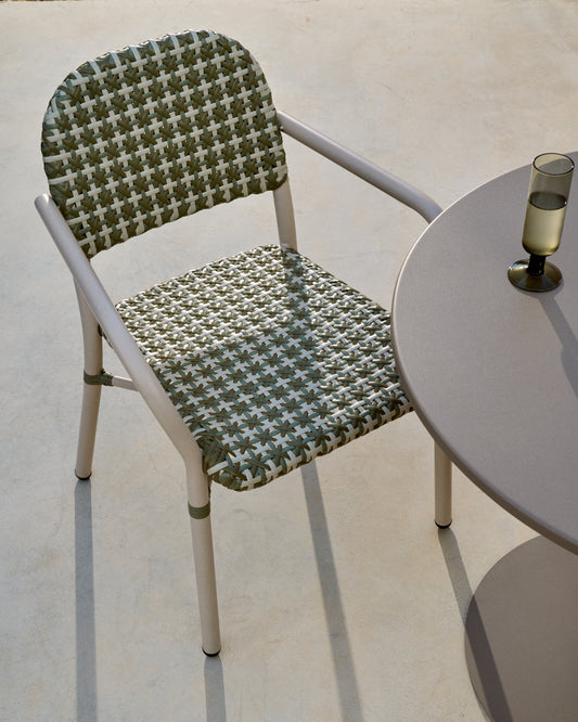 Tuccia stackable chair in aluminium and synthetic rattan in green and beige