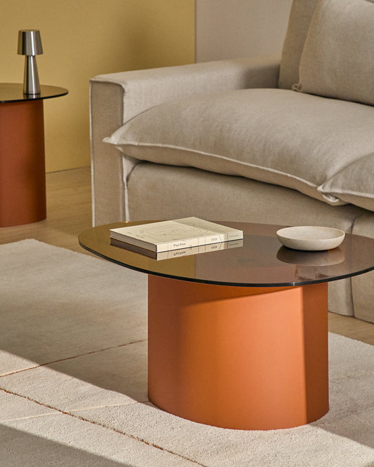 Olir coffee table in tempered glass and brown steel 82 x 74 cm