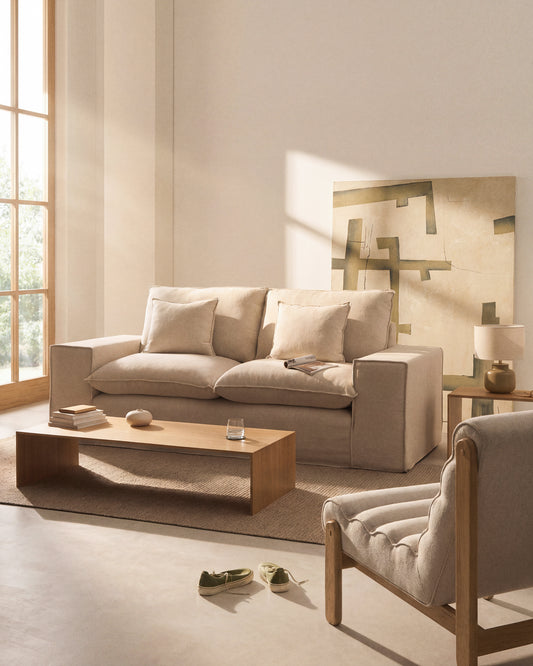 Anarela removable-cover 2-seater sofa with beige linen cushions FSC Mix Credit 240 cm.