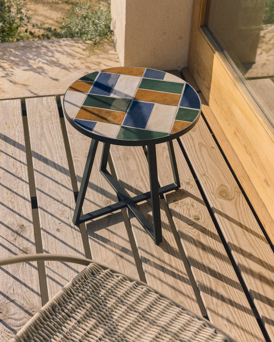 Tella round side table in graphite galvanised steel with multicoloured tiles Ø45 cm