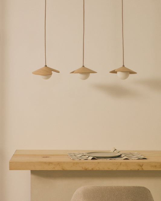 Wilara oak veneer ceiling lamp with 3 white smoked glass balls