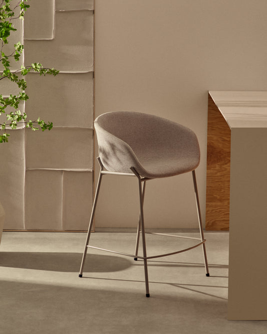 Yvette stool in beige chenille and steel legs in a beige finish, 75 cm high