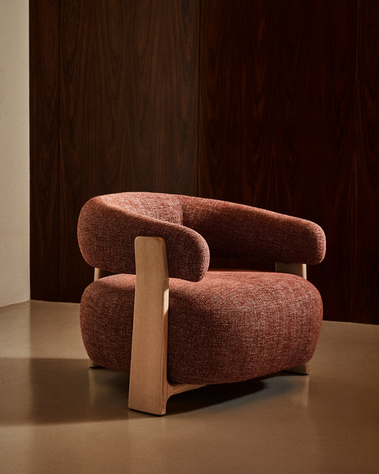 Granite terracotta chenille armchair with solid ash wood legs in a natural tone finish FSC 100%