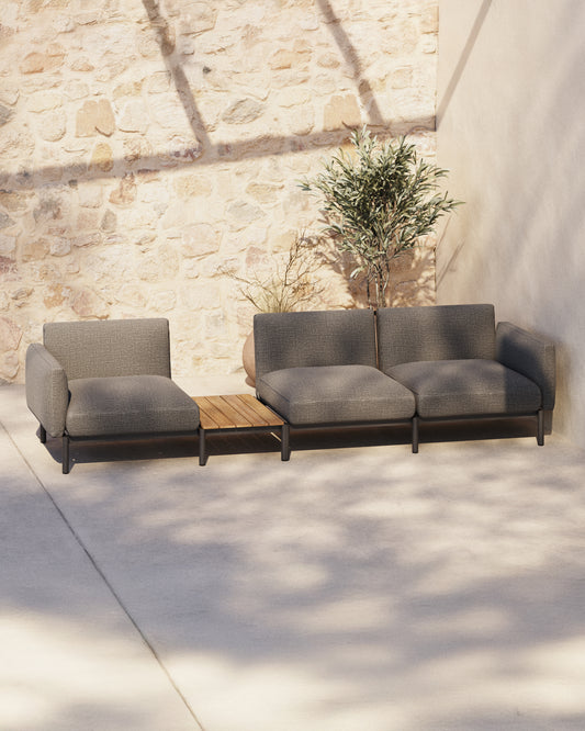 Sorells outdoor modular 3-seater sofa with grey upholstery and grey aluminium with teak table 341 x 113cm FSC 100%