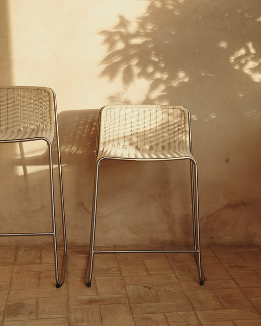 Tavari stackable stool in beige synthetic rope cord and AISI 304 stainless steel with brushed finish 65 cm