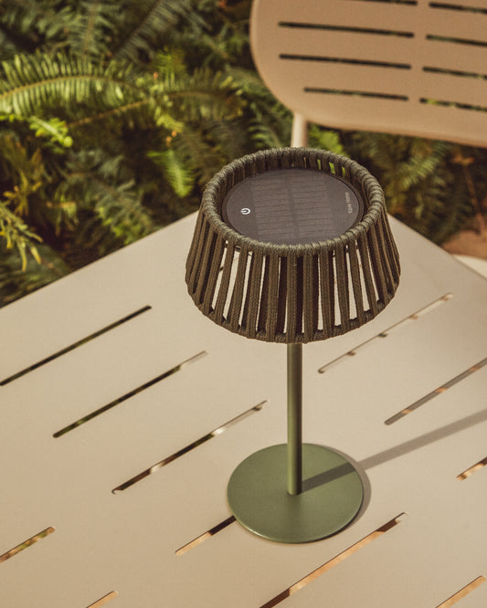 Aldet outdoor solar table lamp in green flat rope cord with metal stand