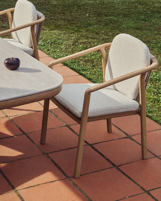 Sirte stackable outdoor chair in aluminium with wood-effect finish and ecru rope cord