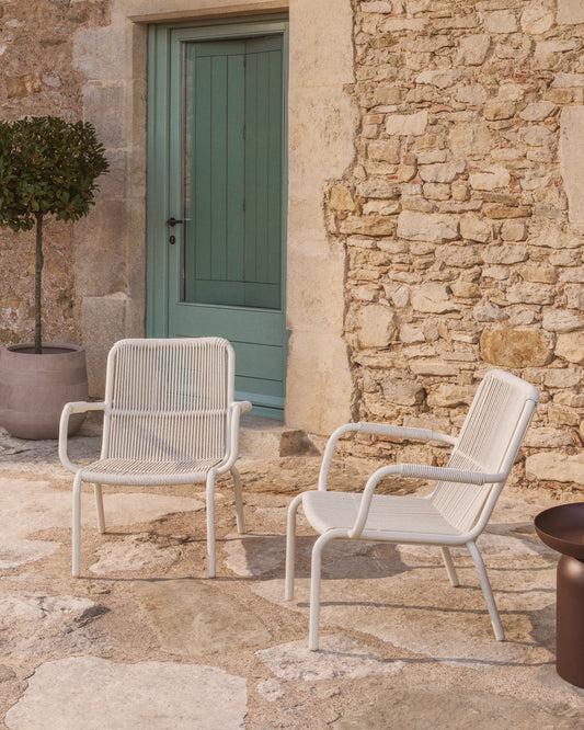 Salis stackable armchair in ecru aluminium and ecru synthetic rope cord