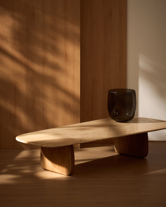 Pirita coffee table in beige travertine with solid oak wood legs with a natural-coloured finish 147 x 65cm FSC 100%