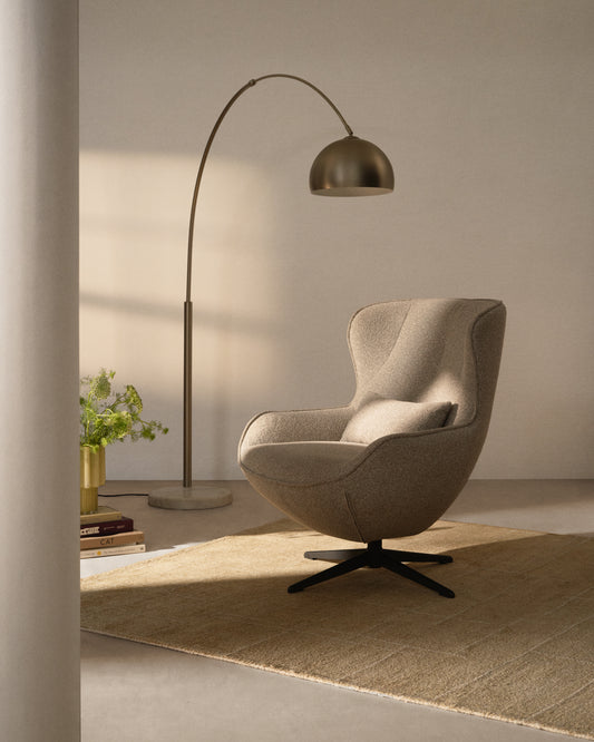 Sorile swivel armchair in beige chenille and steel with black finish FSC 100%