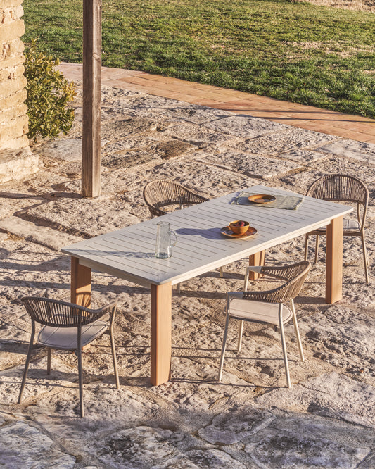 Livorno extendable table in ecru aluminium with wood-effect legs 233(350) x 100cm
