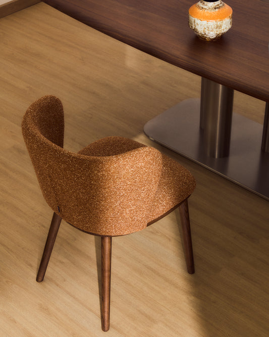 Ciselia terracotta thick chenille chair with solid ash wood legs with walnut-coloured finish FSC Mix Credit