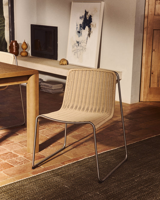 Tavari stackable chair in beige synthetic rope cord and AISI 304 stainless steel with brushed finish