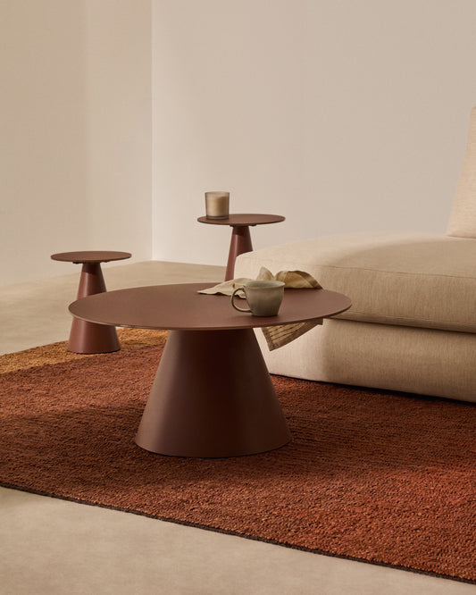 Wilshire coffee table with frosted tempered glass and matt terracotta painted steel finish Ø80cm