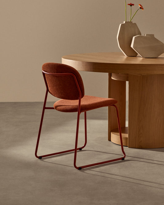 Meli stackable chair in terracotta chenille with terracotta metal legs FSC Mix Credit
