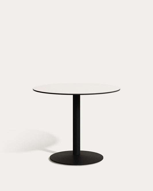 Esilda round outdoor table in white with metal leg in a painted black finish, Ø 90 x 70 cm