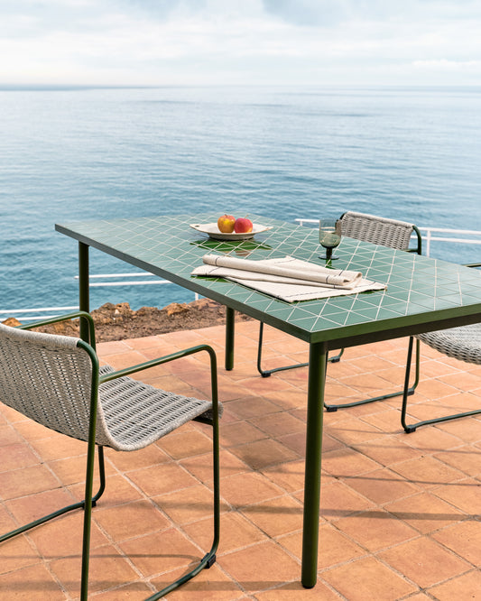 Maurina outdoor table in green galvanised steel with green tiles 223 x 101cm