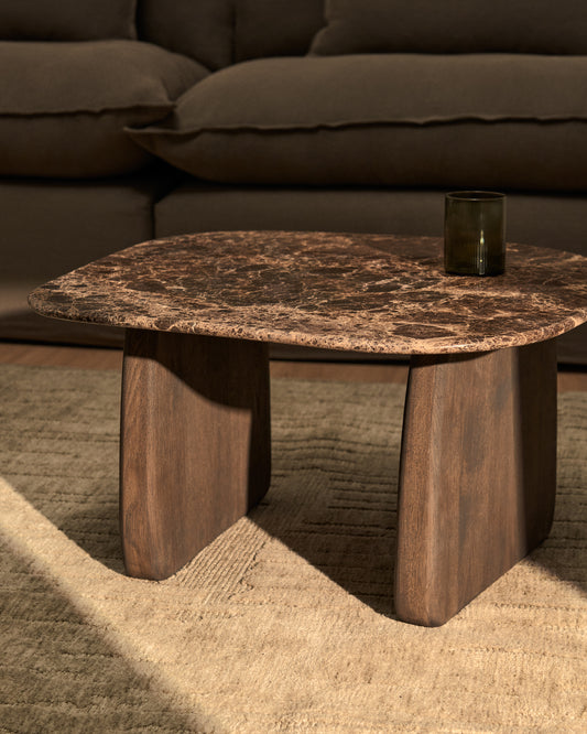 Pirita side table in brown marble with solid oak wood legs with a dark finish 71 x 70cm FSC 100%