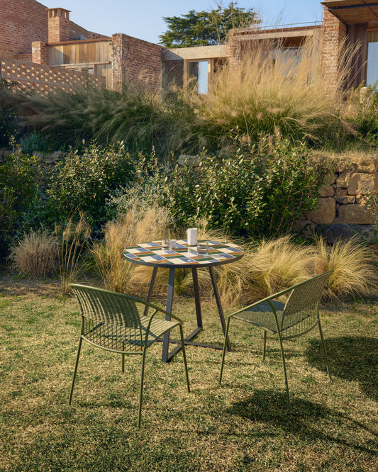 Tella round table in graphite galvanised steel with multicoloured tiles Ø90 cm